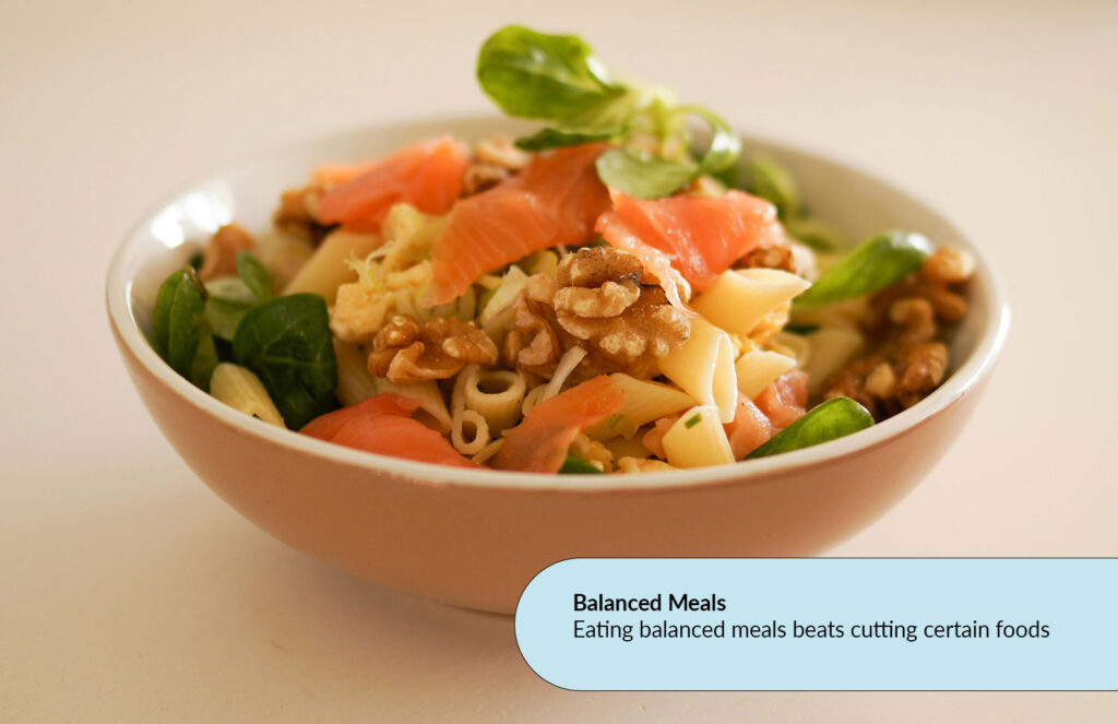 A balanced and healthy meal in a brown bowl with text. Describing the benefits of eating balanced meals.