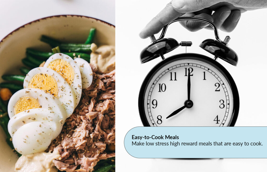 Easy to cook meals next to a clock to describe the benefits of making easy meals.
